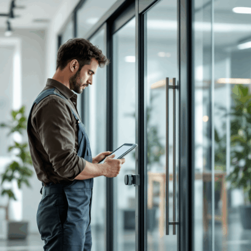 Photograph of a Maintenance Technician Adjusting an Automatic Glass Door (1) (1)