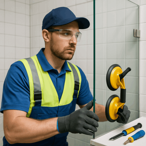 Realistic Image of a Glazier Installing a Shower Enclosure (1)